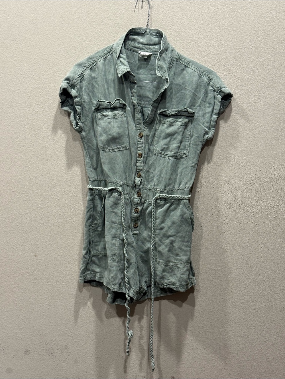 Nicole Miller New York Olive Green Button-Up Linen Blend Romper Size Small